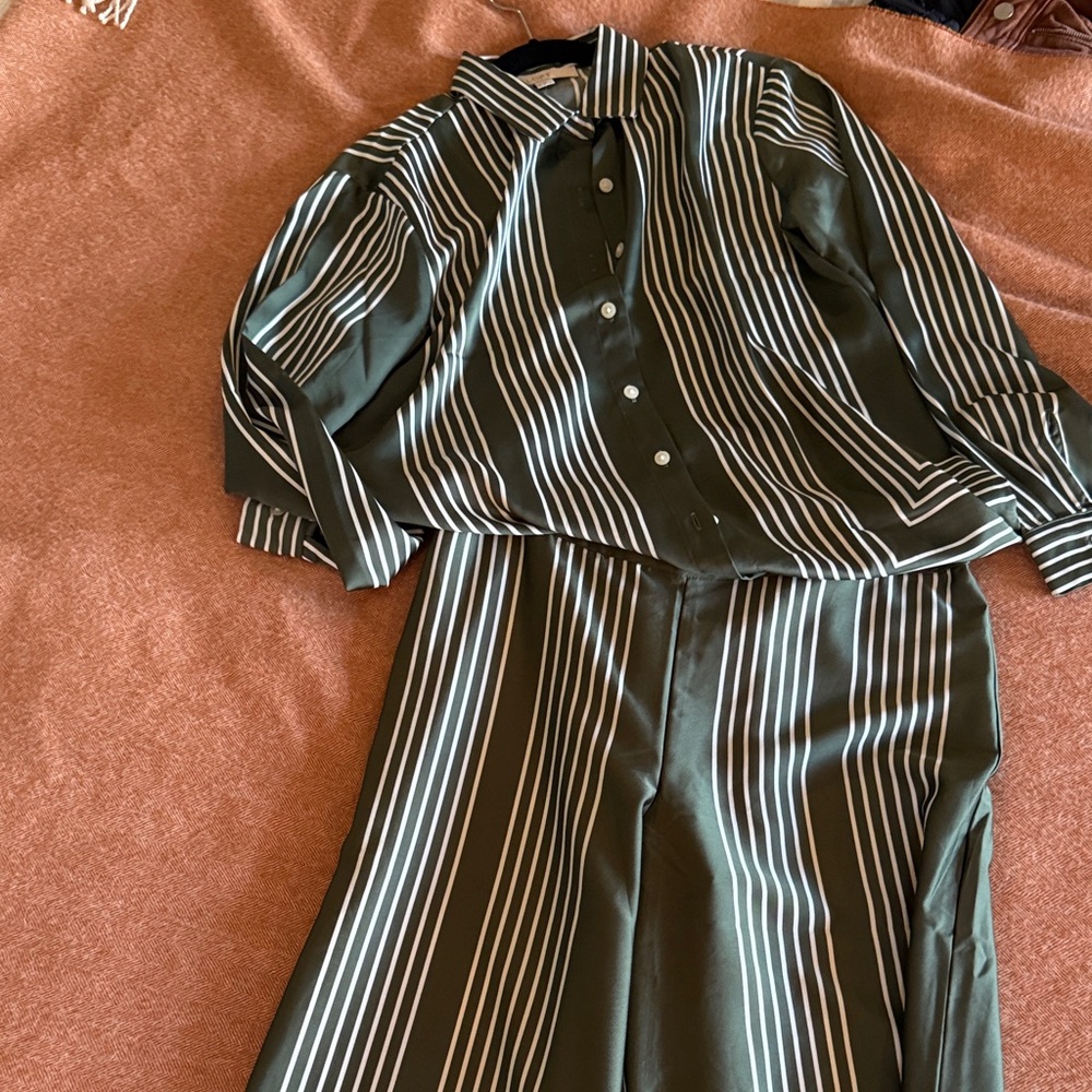 LOFT Dark Green Striped Shirt and pants